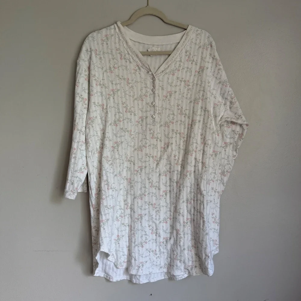 Aria Women White Floral Pointelle Knit Nightgown Henley Sleep Shirt M Mumu
